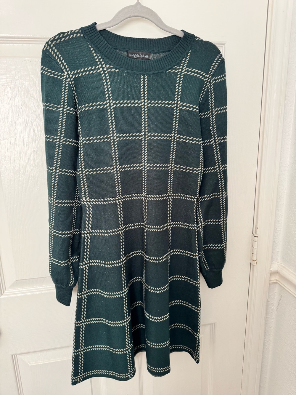 Midnight Doll Dark Green and Cream Plaid Long-Sleeve Fit-and-Flare Dress